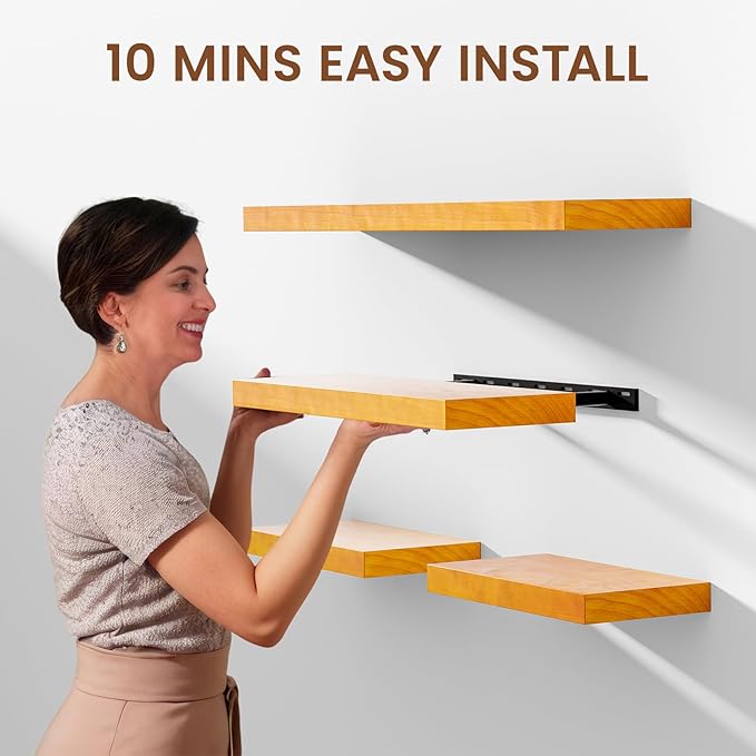 Heimlove 24 inch Floating Shelves for Wall,2 Packs Natural Pine Solid Wood Bathroom Shelf Over Toilet Decor and Storage 8 inches Deep for Kitchen Bedroom Office & Living Room Display Wall Decor