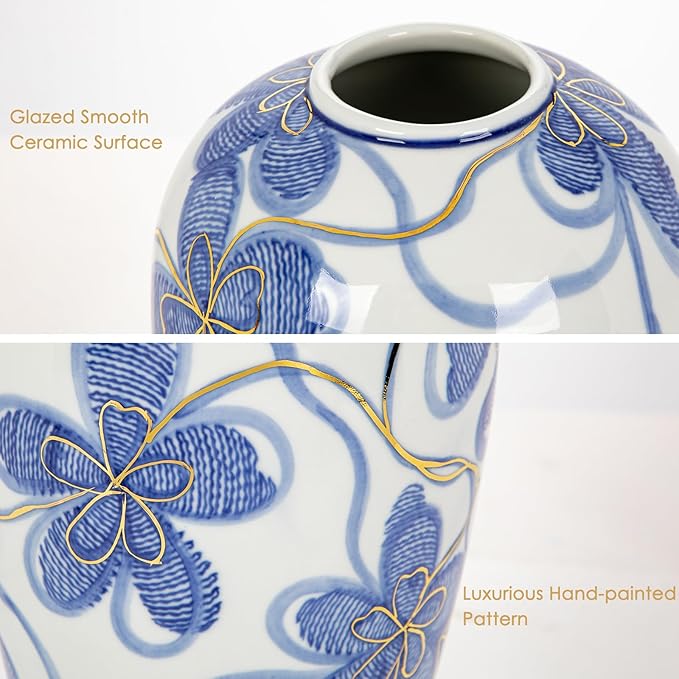 Blue and White Ceramic Vase for Home Decor – Hand-Painted Porcelain Flower Vase with Gold Accents – Chinoiserie-Inspired Home Decor Vases – 9" for Table, Shelf, or Mantel