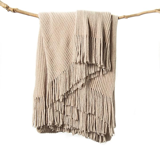 lifein Throw Blanket for Couch, Soft Boho Decor Bed Throw,Cozy Beige Knitted Chenille Small Farmhouse Lightweight Throw for Spring(Beige,60 * 80")