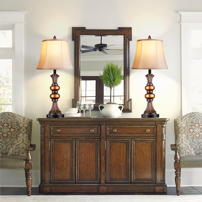 Set of 2 Touch Control Traditional Table Lamp, 27" H Bedside Lamps with 2 USB Charging Ports, 3-Way Dimmable Bronze Finish Large Nightstand Lamps with Bell Faux Silk Shade for Living Room, Bedroom