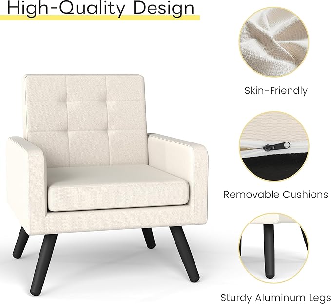 Kromax Mid-Century Modern Accent Chair for Living Room, 496 Lb. Weight Capacity, Dual Armrests, Comfy Extra Large Seat, Timeless Style Perfect for Reading & Relaxing, Cream