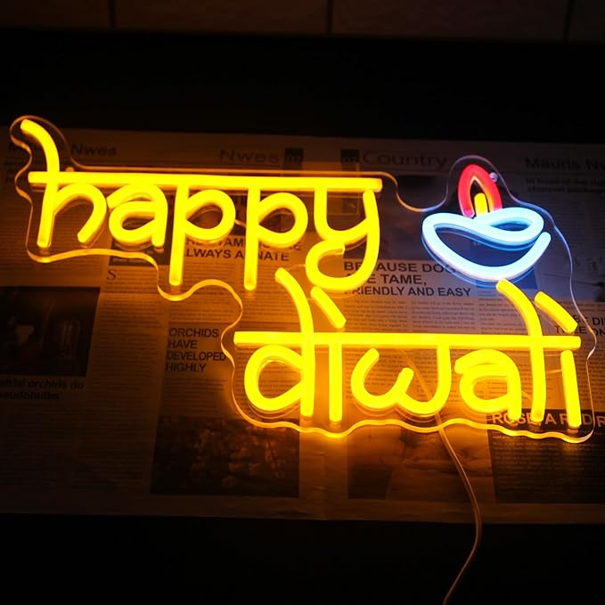 Happy Diwali Neon Sign Festival of Light Decorations - Chanukah Neon Light Orange Dimmable Deepavali LED Sign - Hanukkah Light Up Signs for Home Bar Decor Party Supplies