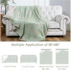 jinchan Boho 100% Cotton Muslin Queen Size 80x90 Inches Blanket Lightweight 4-Layer Quilted Soft Green and Beige Floral Throw Blanket Reversible Comfy Flower Rustic All Seasons Couch Bedroom Decor