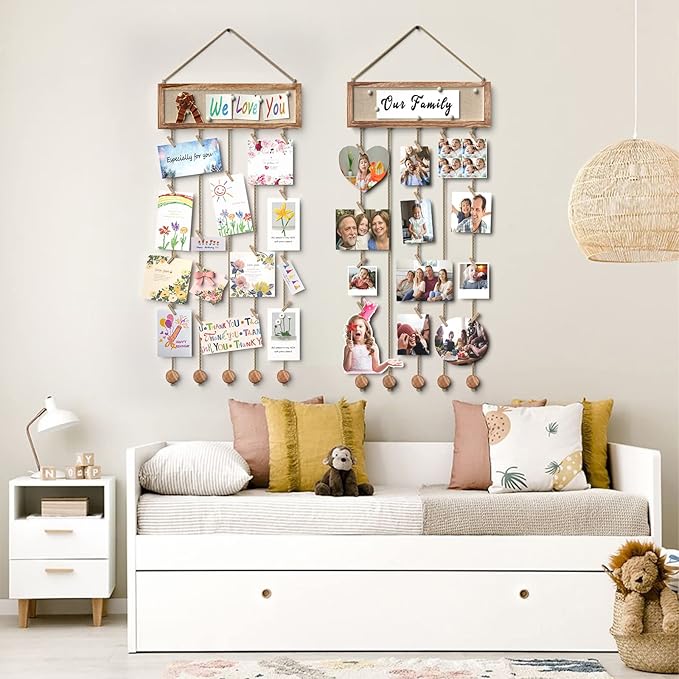 Bikoney Picture Frames Collage Wall Decor Hanging Photo Display Multi Pictures Organizer with Wood Bulletin Board Photo Board 30 Clips and 6 Pushpins for Room (Carbonized Black)