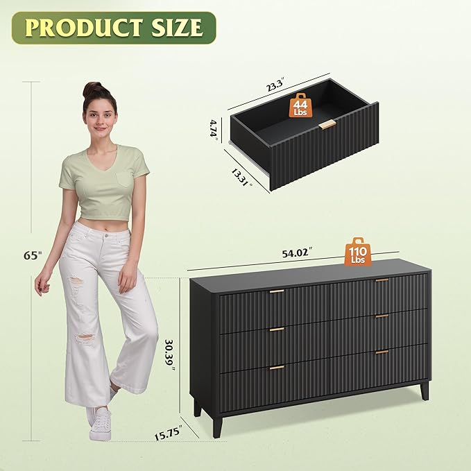 WLIVE Fluted Dresser for Bedroom with 6 Drawers, 54" Wide Wood Dresser with Golden Metal Handles, TV Stand for 65 inch TV, Mid Century Modern Chest of Drawers for Living Room, Hallway, Closet, Black