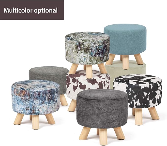 Asense Small Round Ottoman Foot Rest Stool Linen Padded Seat Footstool Ottoman with Anti-Slip Wooden Legs (Assorted Blue,Linen)