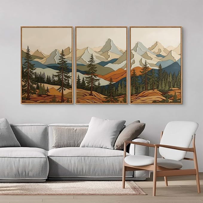 SIGNINART Vintage Mountains Framed Canvas Wall Art, Wooden Forest Wall Decor, Green Wood Pine Trees Wilderness Artwork, Metal Ridge Landscape Art Paintings for Living Room Bedroom Office 16"x24"x3