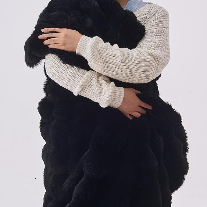 Lotus Karen Faux Fur Throw Blanket Black - Big Bubble Rabbit Fluff Blanket for Couch, Small Fluffy Fuzzy Cozy Blanket, Thick Furry Plush Shaggy Blankets, 50x60 Inches