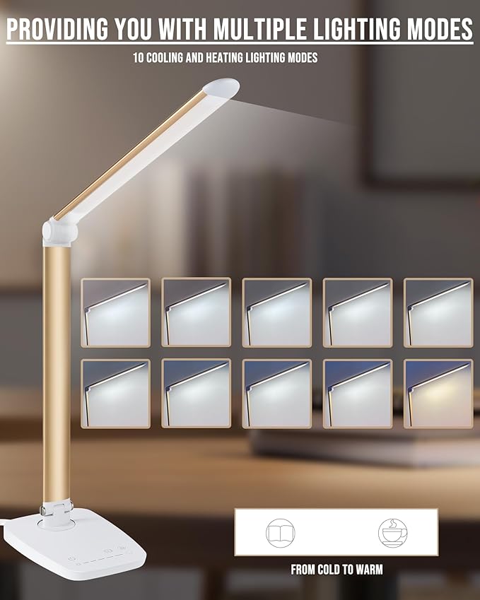 Lichamp Dimmable LED Desk Lamp with USB Charging Port, Touch Control Foldable Gooseneck Free Rotation Adjustable Eye Care Table Lamp, Bedside Reading Light with UL AC Adapter (Pink Gold)