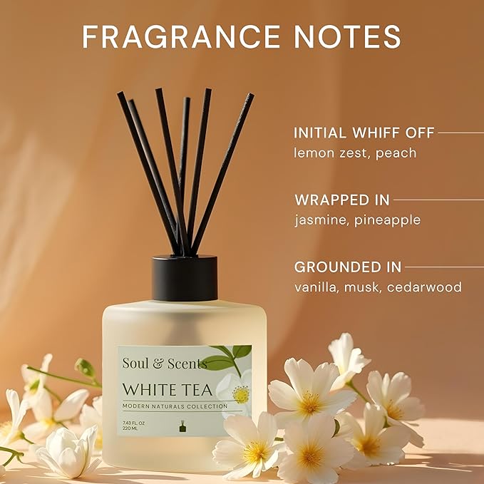 Soul & Scents Reed Diffuser Set – White Tea | 7.43 oz Refillable Scented Oil with 6 Fiber Sticks | Long-Lasting Home Fragrance & Air Freshener for Bedroom, Bathroom, Office | Gift & Décor Piece