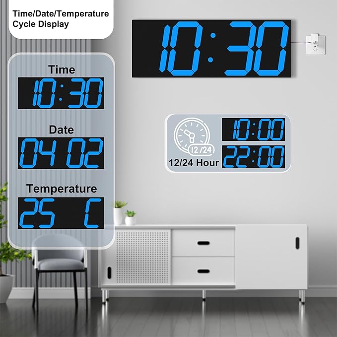 18.7'' Automic Digital Wall Clock, LED Wall Clock with Large Display, Multi-Function Clock with Alarm and Timer, Auto Time Sync Digital Clock with Adjustable Brigthness(Blue)