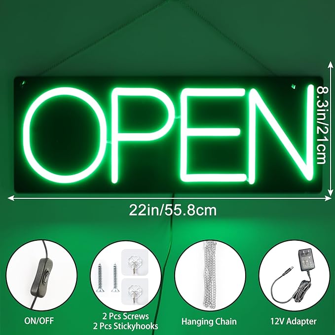 22 Inch Ultra Bright LED Neon Open Sign, Green, Modern, Attention-Grabbing, Business Signage