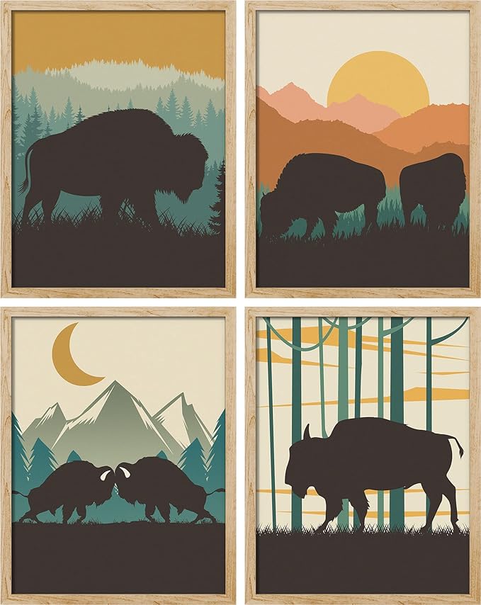 SIGNWIN Framed Country Farmhouse Vibrant Bison Wall Art, Set of 4 Silhouette Animals Wall Decor Prints, Wilderness Nature Wall D¨¦cor for Living Room, Bedroom - 12"x16" Natural