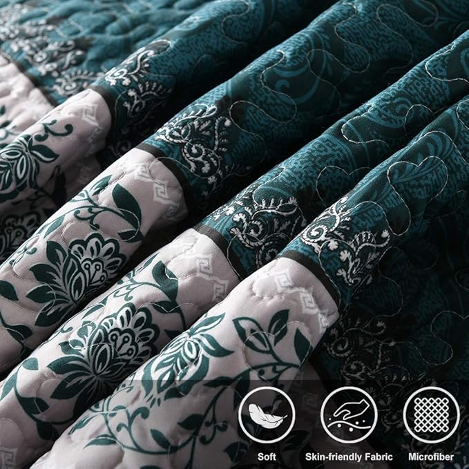 Travan 3-Piece Queen Quilt Set Quilted Bedspread Oversized Microfiber Soft Lightweight Bedding Set with Shams for All Season, Blue Ocean, Queen Size