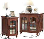 Farmhouse End Table Set of 2 with Charging Station, 18'' Narrow Side Table and 24" Large Sofa Side Table with Glass Barn Door Storage, Wood Night Stand Bedside Table for Living Room,Bedroom