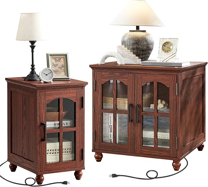 Farmhouse End Table Set of 2 with Charging Station, 18'' Narrow Side Table and 24" Large Sofa Side Table with Glass Barn Door Storage, Wood Night Stand Bedside Table for Living Room,Bedroom