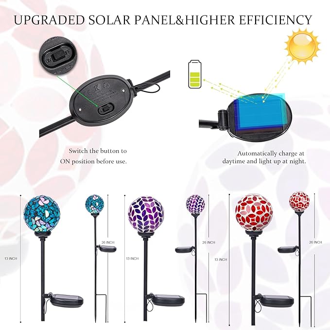 VCUTEKA Solar Garden Decorative Lights Outdoor, Mosaic Solar Light Waterproof LED Pathway Stake Light for Landscape Patio Yard Deck Walkway Decoration, 3 Pack （Blue&Purple&Red）