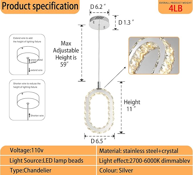 Chrome 1 Ring Pendant Lights Kitchen Island Single Head Crystal Chandeliers Foyer Entrance Modern LED Dimmable Chandeliers