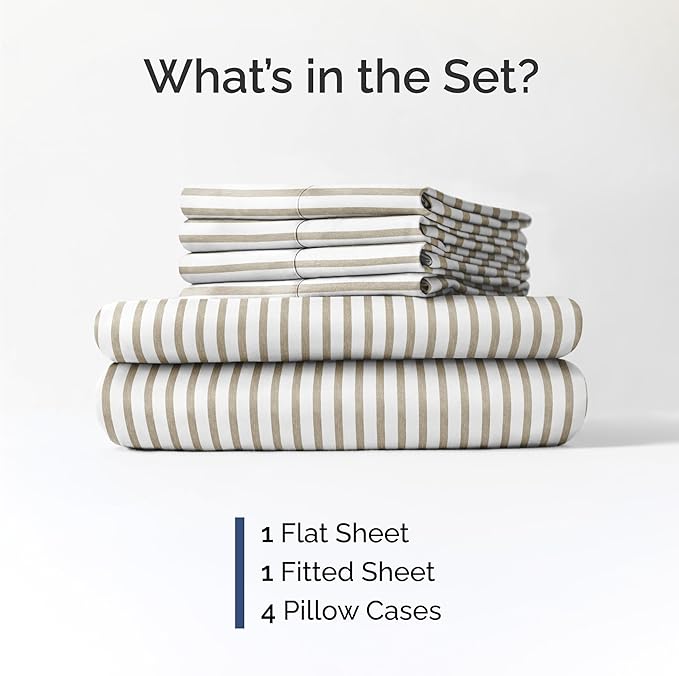 Queen Sheets Set 6 Piece - Includes 4 Pillowcases - Bed Sheets Queen Size - Soft Hotel Luxury Bedding - Cooling, Comfy & Breathable - 1 Flat, 1 Fitted & 4 Pillowcases w/ Deep Pockets - Beige Stripes