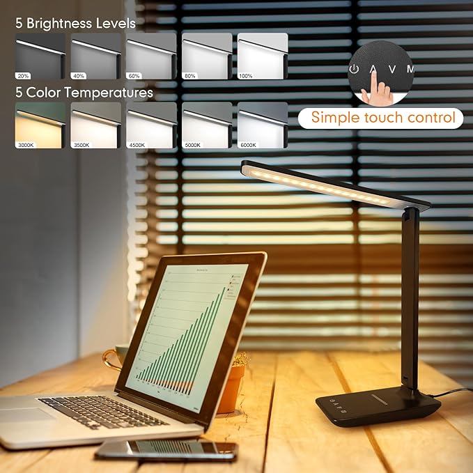 LED Desk Lamp Dimmable Table Lamp with USB Charging Port, 5 Lighting Modes, Sensitive Control, Foldable Portable Desk Light for Home Office Bedroom Reading (Black-Pro, Standard Size - 13.3 inch)