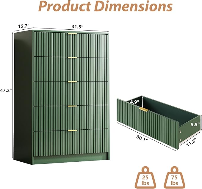 5 Drawer Dresser for Bedroom, Tall Dresser Chest of Drawers with Gold Handles, 32 Inch Wide Nightstand with for Bedroom, Living Rooms, Offices, and Entryways, Green