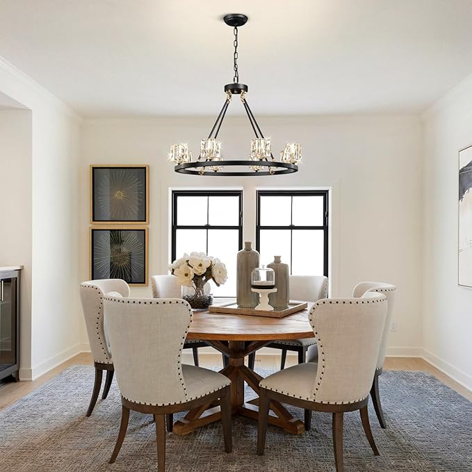 Black Wagon Wheel Chandelier, 8-Light Farmhouse Crystal Chandeleirs with Adjustable Height,Ceiling Hanging Light Fixture Pendant Lights for Living Room,Bedroom,Kitchen Island,Dining Room,Bedroom