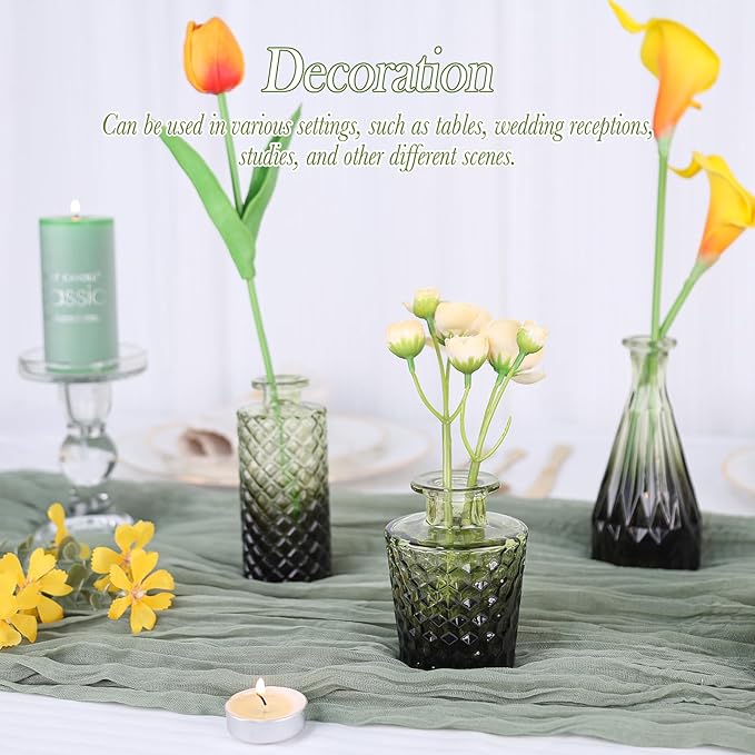 Glass Bud Vases Set of 5, Mini Flower Vase for Centerpieces, Small Clear Vases in Bulk for Wedding Decorations, Vintage Vase for Table, Recepetion, Home Décor (Green)