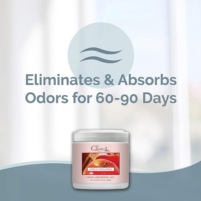 Clear Air Odor Absorber Gel - 15 oz, Pack of 2 - Air Freshener Absorbs and Eliminates Odors in Bathrooms, Cars, Boats, RVs and Pet Areas - Made with Essential Oils - Apple Cinnamon Scent