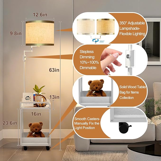 Lightdot 63IN Floor Lamps with Storage Table&Basket, Modern Standing Tall Lamps with Adjustable Fabric Lampshade and Movable&Fixed Casters, Coner End Table Lamp for Living Room/Bedroom/Office-White