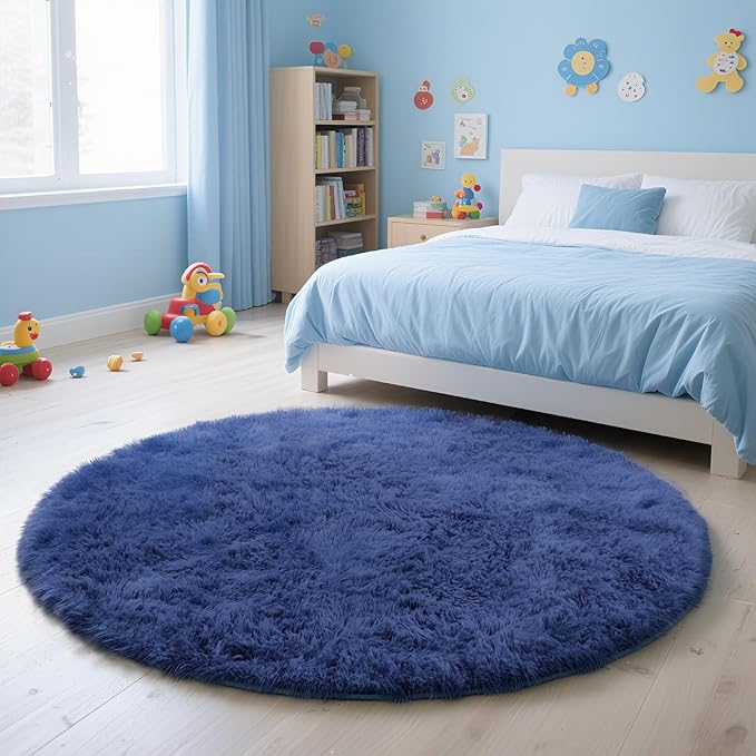Blue Fluffy Round Area Rugs for Bedroom,4'X4'Shag Circle Area Rugs for Living Room,Non Slip Fuzzy Plush Rug for Kids Room Boys Girls Room and Dorm Home Decor Rug