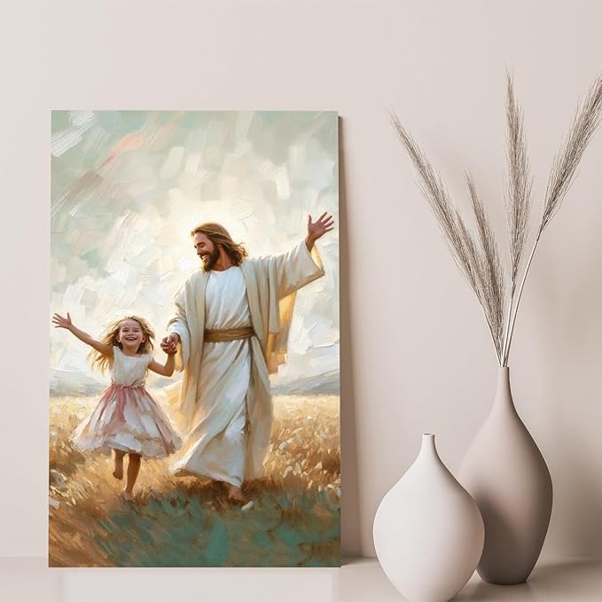 XWNLTEPK Dancing Day Christian Painting Jesus With Girl Christian Wall Art Bible Jesus Dancing With Little Girl Print Canvas Wall Art Poster
