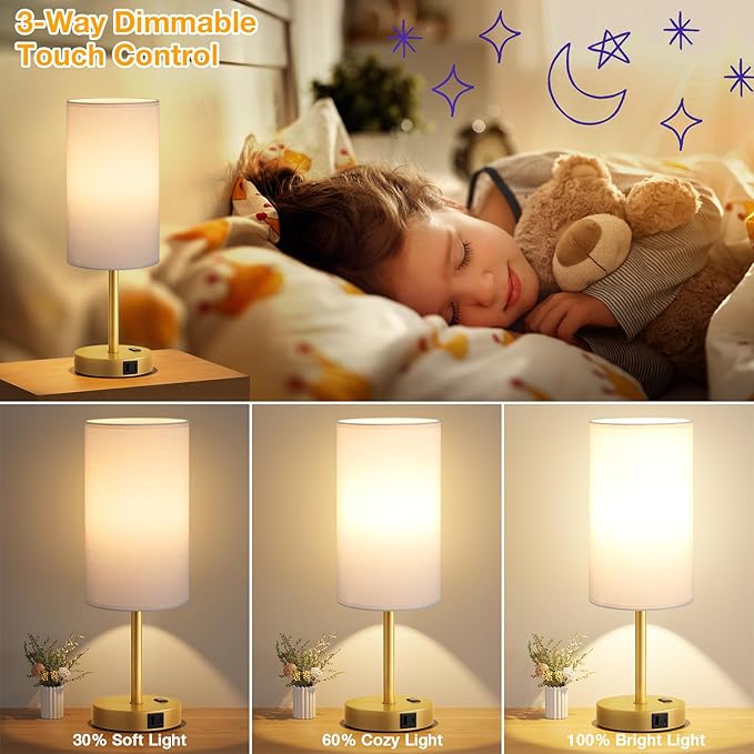 Touch Bedside Table Lamp with USB - 3 Way Dimmable Gold Lamp for Bedroom Nightstand, Desk Lamp with Charging Station for Dorm, Office, Kids Room, Living Room