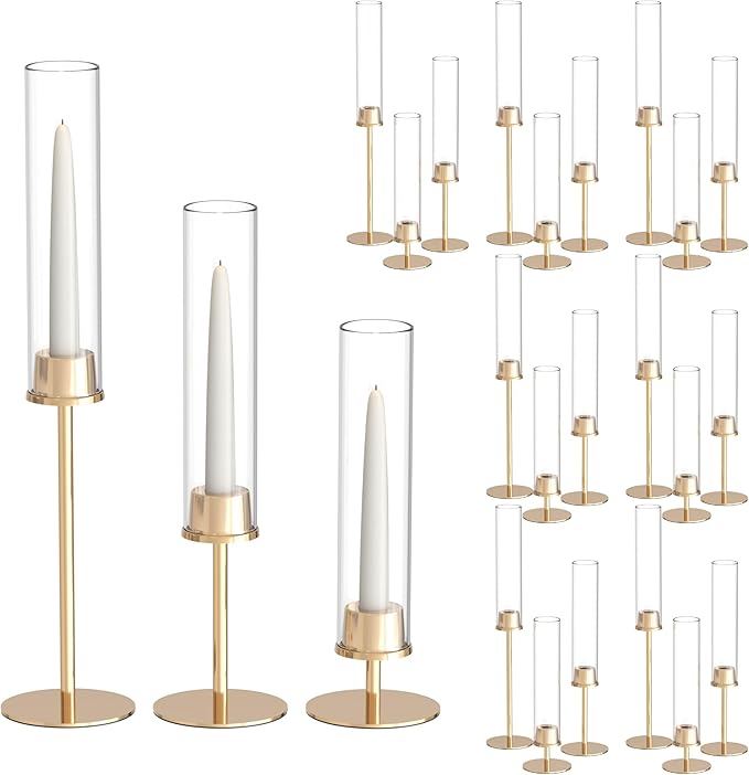21 Pack 23.6 & 21.7 & 19.7 in Tall Gold Hurricane Candlesticks Holder with Glass Cylinder Cover - Candle Holders for Table Centerpiece (Gold)