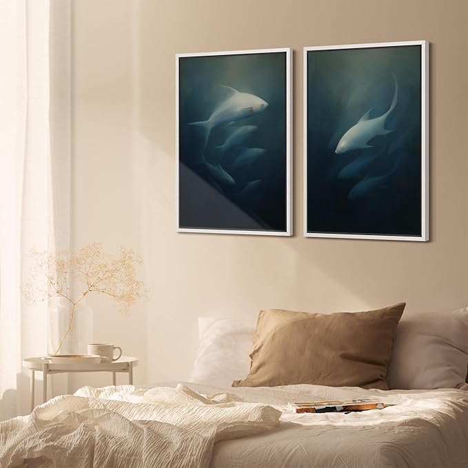 SIGNFORD Framed Canvas Print Wall Art Set Deep Sea Fish Serene Underwater Life in Dark Tones Illustration Modern Art Decorative Nordic Nature for Living Room, Bedroom, Office - 24"x36"x2 White