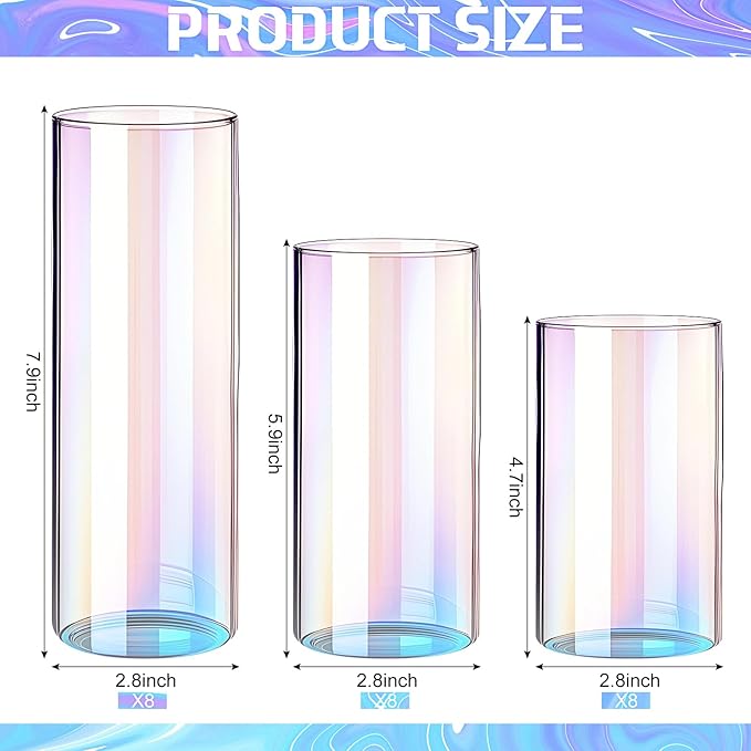 24 Pcs Glass Cylinder Vases Clear Flowers Vase Decorative Floating Candles Holders Table Centerpieces for Wedding Party Event Home Office Decor(Dazzling Color,2.8'' X 4.7'', 5.9'', 7.9'')