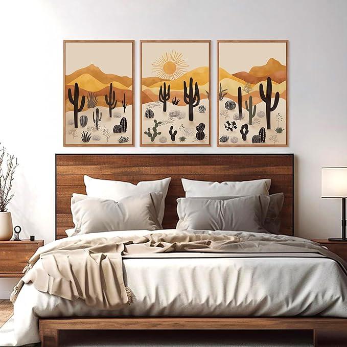 KAIRNE Cactus Canvas Wall Art,Desert Landscape Paintings,Aesthetic Abstract Prints Set of 3(16”X24”),Minimalist Farmhouse Wall Decor,Abstract Boho Artwork for Living Room Bedroom Office Decoration