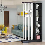 Wall Room Divider with Shelves, Freestanding Modern Wood + Metal Room Divider Screen with Storage Cabinet, Black, 1 Panel, L 31.49.478.7in