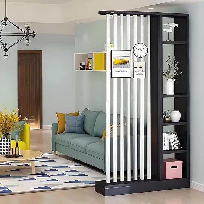 Wall Room Divider with Shelves, Freestanding Modern Wood + Metal Room Divider Screen with Storage Cabinet, Black, 1 Panel, L 31.49.478.7in