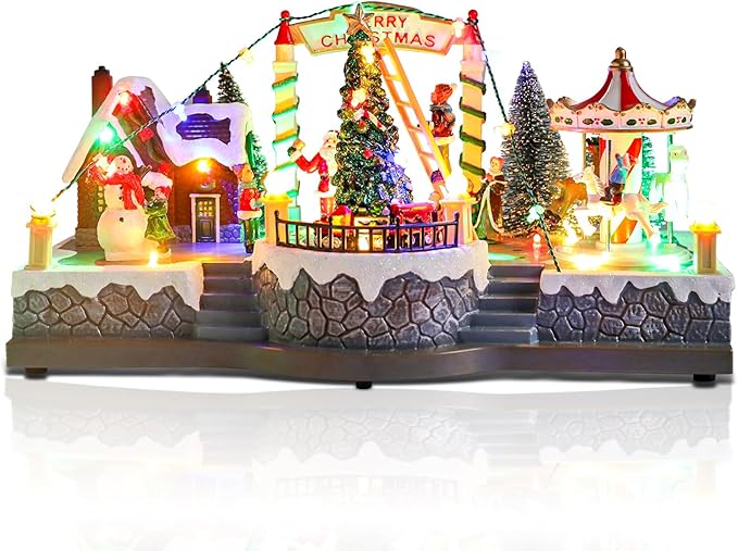 Christmas Village House Musical Christmas Collectible Buildings Rotation Train Carousel Tree in Park with LED Lights Vacation Village with USB Indoor Figurines Indoor Tabletop Decoration