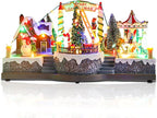 Christmas Village House Musical Christmas Collectible Buildings Rotation Train Carousel Tree in Park with LED Lights Vacation Village with USB Indoor Figurines Indoor Tabletop Decoration