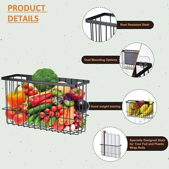 3 Pcs Magnetic or Adhesive Refrigerator Organizer Magnetic Baskets Kitchen Holder for Refrigerator Metal Shelf Rack Storage with 2 Types of Installation(Black)