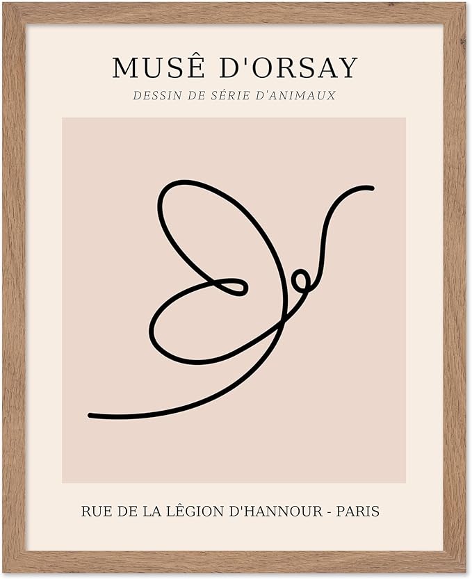 Poster Master Vintage Poster - Retro One Line Butterfly Drawing Print - Butterfly Line Art - Minimal Gift for Him, Her, Animal Lover - Abstract Decor for Home, Office, 8x10 Beige Framed