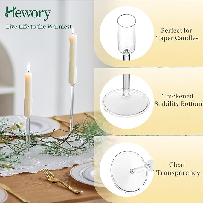 Hewory Glass Taper Candlestick Holders: Taper Candle Holders 12Pcs Glass Candle Stick Candle Holder, Clear Tall Candle Holders for Dinner Table Centerpiece Wedding Christmas Holiday Party Decorations