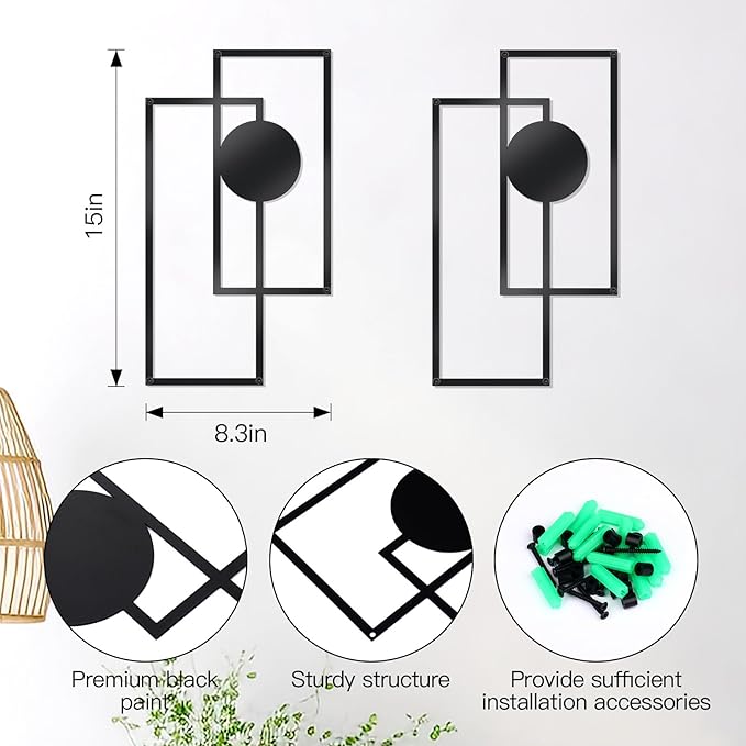 OYEFLY 2 Pcs Metal Abstract Wall Art,Modern Geometric Decor (Black, style 3)