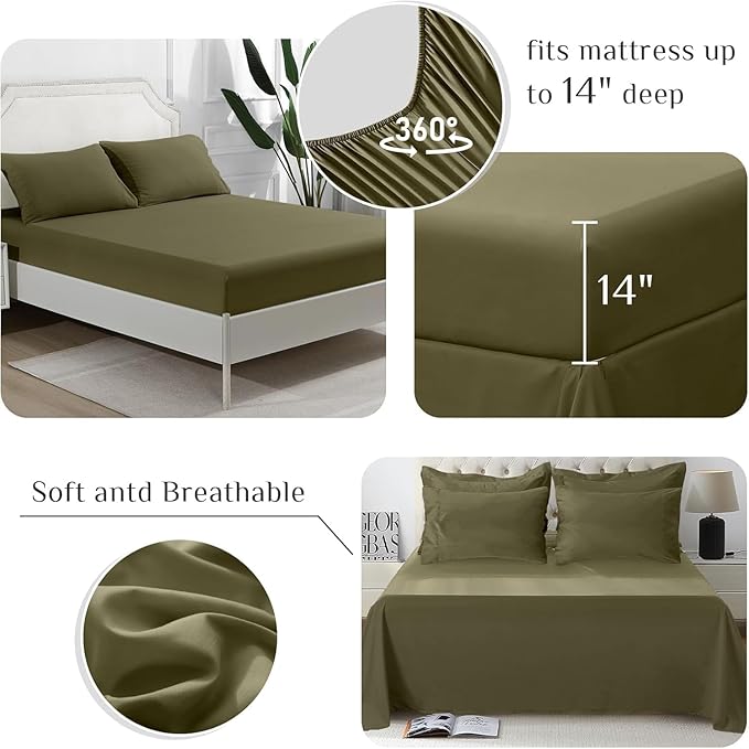 JOLLYVOGUE Queen Comforter Set, Ultra-Soft Bed in a Bag Queen Size 7 Pieces, Oeko-TEX Certified Bedding Set with Down Alternative Comforter, Sheets, Pillowcases & Shams, Olive Green