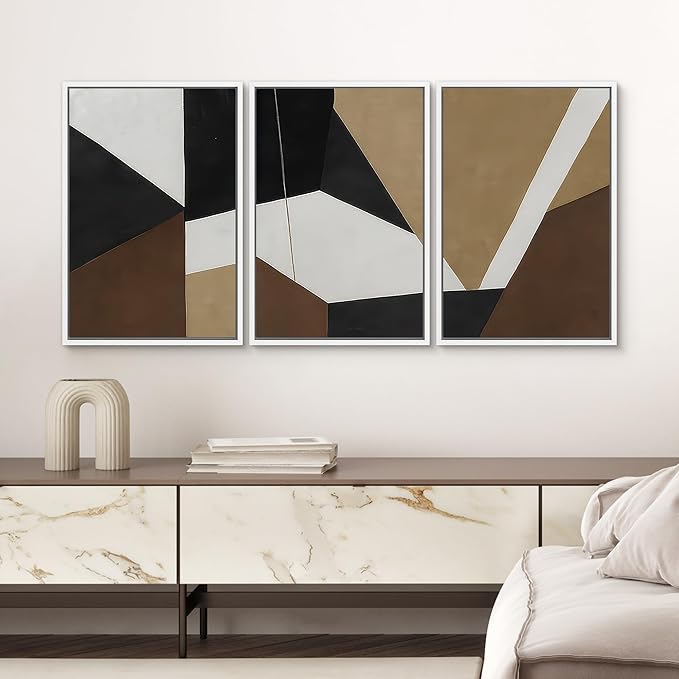 SIGNWIN Framed Canvas Print Wall Art Bold Geometric Shapes Modern Black, White, and Brown Abstract Photography Modern Art Minimalist Black and White for Living Room, Bedroom, Office - 24"x36"x3 White