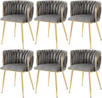 Nrizc Woven Dining Chairs Set of 6, Velvet Upholstered Dining Chairs with Gold Metal Legs, Modern Accent Chairs for Living Room, Dining Room, Kitchen (Grey)
