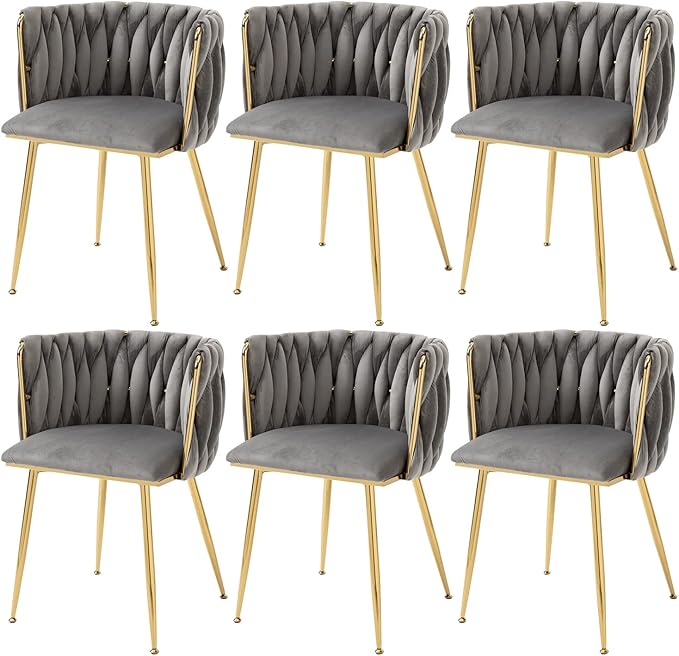 Nrizc Woven Dining Chairs Set of 6, Velvet Upholstered Dining Chairs with Gold Metal Legs, Modern Accent Chairs for Living Room, Dining Room, Kitchen (Grey)