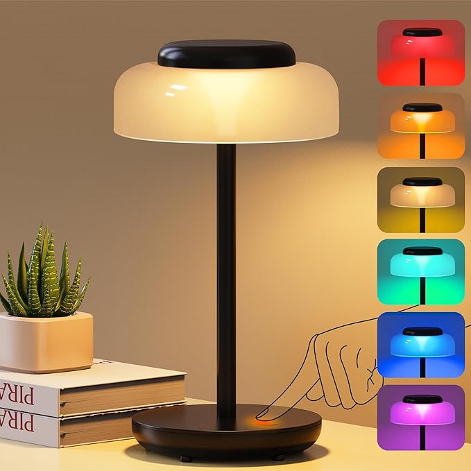 QiMH Battery Operated LED Table Lamp for Living Room, 5000mAh Cordless Desk Lamp with Stepless Dimmable Touch Control, Mini Rechargeable Night Light for Bedroom, Outdoor bar (Black-RGB)