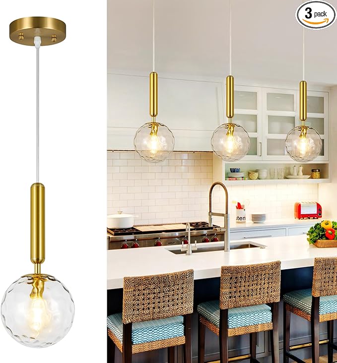 Modern Gold Pendant Light Hanging Fixture Light for Kitchen Island Mid Century with Globe Pendant Light Clear Glass Pendant Lighting for Living Room Bedroom Entryway (3 Pack)
